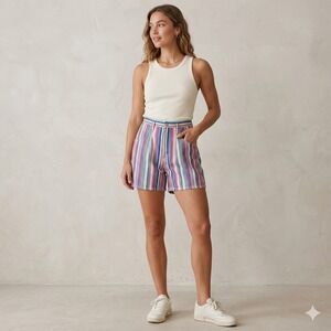 Vintage Nuovo High Waisted Striped Denim Shorts Womens 11 Pink Blue Cotton Retro